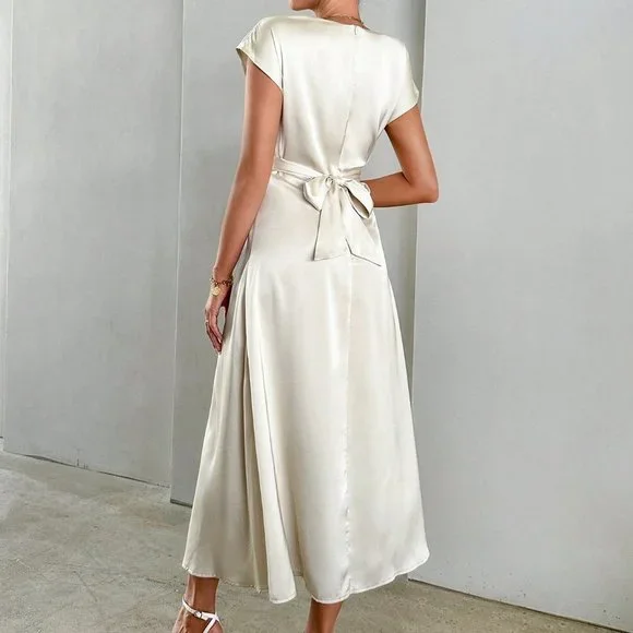 Apricot Casual Womens Solid Criss Cross Front Satin A-line Dress - Picture 2 of 5